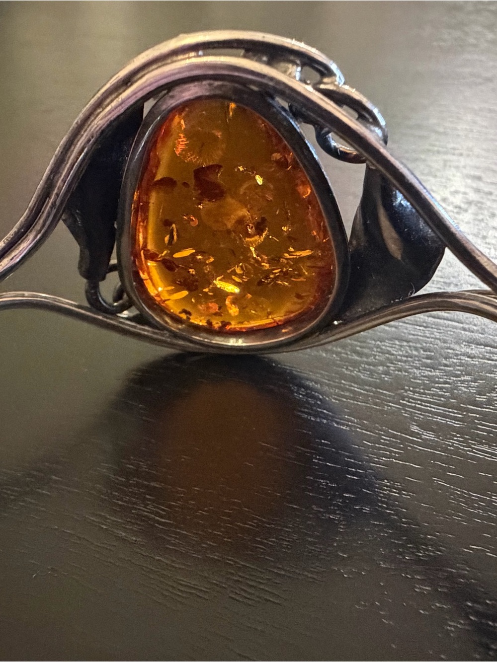 Vintage 925 Sterling Silver Baltic Amber Cuff Bracelet Art Nouveau Leaf - Picture 4 of 6
